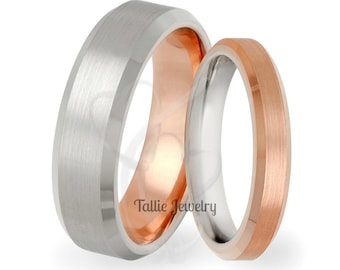 His and Hers Wedding Rings Set, Matching Wedding Bands, 14K White and Rose Gold Wedding Bands