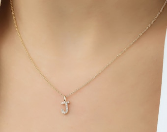 Diamond Initial Necklace, 14K Solid Yellow Gold Diamond Letter Necklace, Letter J Necklace,  Personalized Jewelry, Layering Diamond Necklace