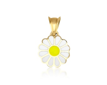 14K Yellow Gold Daisy Flower Necklace, Enamel Daisy Necklace, Minimalist Daisy Flower Pendant, Daisy Charm, Daisy Necklace
