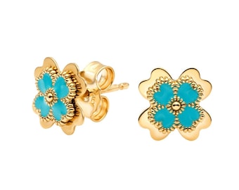 14K Solid Yellow Gold Clover Earrings, Turquoise Daisy Flower Earrings, Stud Earrings