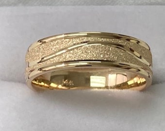 6mm 10K 14K 18K Solid Yellow Gold Mens Wedding Band, Stone Finish Mens and Womens Wedding Ring,  His and Hers Wedding Rings