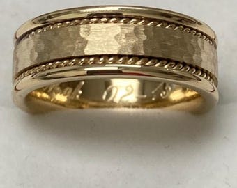 Mens Wedding Bands , Mens Wedding Rings, 7mm 10K 14K 18K Yellow Gold Hammered Finish Wedding Bands, Handmade Rope Braided Mens Wedding Ring