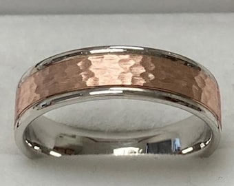 Two Tone Gold Wedding Bands, Hammered Finish Mens Wedding Rings, 6mm 10K 14K 18K Solid White and Rose Gold Men Wedding Band