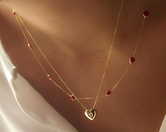 Ruby Necklace / 14K Solid Yellow Gold Ruby Station Necklace/ Beaded Ruby Necklace / Station Necklace / Gifts for Her/ July Birthstone