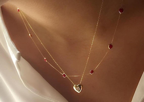 Ruby Necklace 14K Solid Yellow Gold Ruby Station Necklace