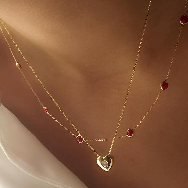 Ruby Necklace / 14K Solid Yellow Gold Ruby Station Necklace/ Beaded Ruby Necklace / Station Necklace / Gifts for Her/ July Birthstone