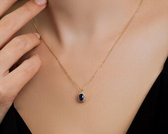 14K Solid Yellow Gold Sapphire Necklace, Oval Sapphire Solitaire Necklace, Diamond CZ Sapphire Necklace, September Birthstone
