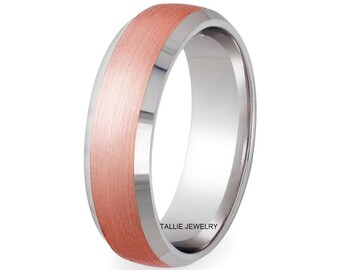 Two Tone Gold Wedding Bands, 7mm 14K White and Rose Gold Beveled Edge Satin Finish Mens Wedding Ring, Two Tone Gold Mens Wedding Bands