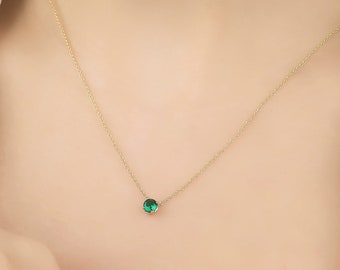 14K Yellow Gold Emerald Necklace, 5mm Prong Setting Emerald Solitaire Necklace, May Birthstone, Womens Necklace, Green Emerald, Gemstone