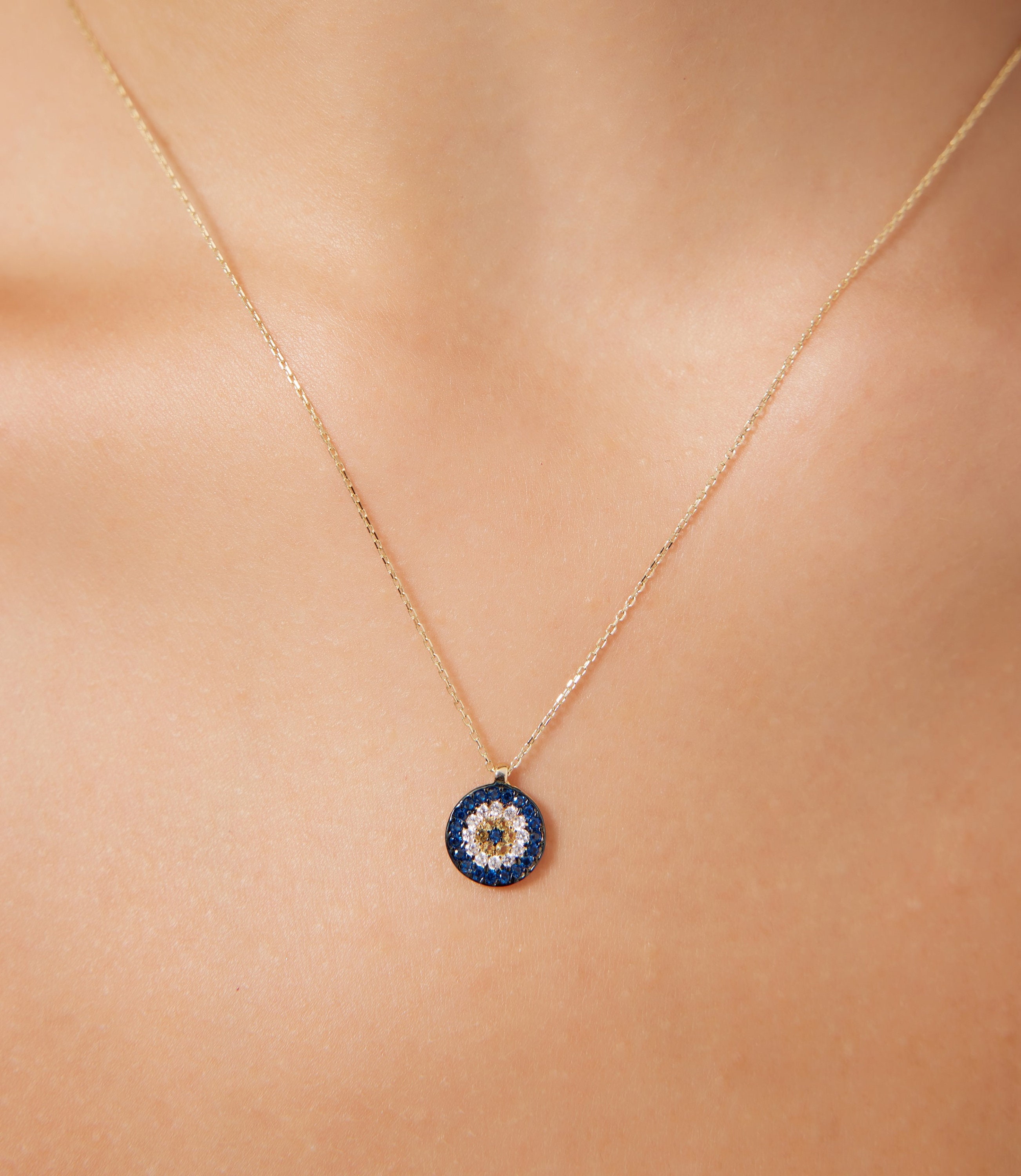 14K Solid Yellow Gold Evil Eye Necklace, Dainty Evil Eye Necklace, Good