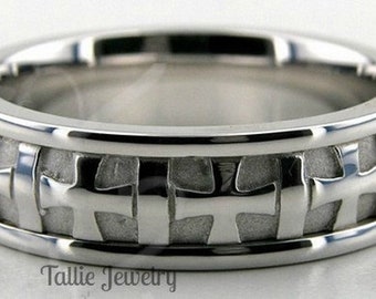 Platinum Mens Wedding Band,  Platinum Mens Wedding Ring, 7mm Handmade Platinum Cross Wedding Bands, Platinum Wedding Ring, Rings for Men