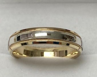 Two Tone Gold Wedding Bands, Shiny Finish Milgrain Mens and Womens Wedding Rings, 6mm 10K 14K 18K White and Yellow Gold Wedding Bands