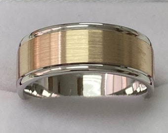 Mens Wedding Bands, Mens Wedding Rings, 8mm 10K 14K 18K White and Yellow Gold Wedding Bands, Two Tone Gold Wedding Bands, Comfort Fit
