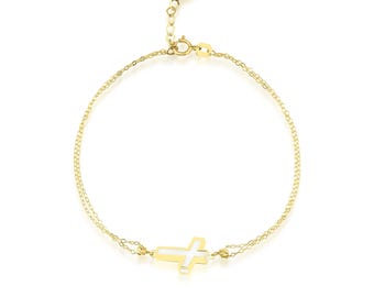 14K Solid Yellow Gold Small Cross Bracelet, Minimalist Cross Bracelet, Dainty Cross Bracelet, 3D Cross Bracelet, Gold Bracelet