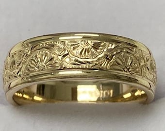 Hand Engraved Mens Wedding Band, Hand Engraved Mens Wedding Ring, 6mm 10K 14K 18K Solid Yellow Gold Wedding Bands