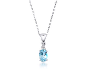 14K Solid White Gold Diamond Solitaire Necklace ,Minimalist Oval Natural Blue Topaz and Diamond Necklace ,Gemstone Necklace, Topaz necklace