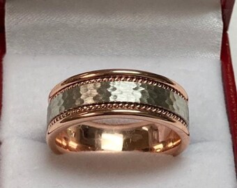 Hammered Finish Mens Wedding Band, Handmade Braided Mens Wedding Ring, Two Tone Gold Wedding Bands, 8mm 14K White and Rose Gold Wedding Ring