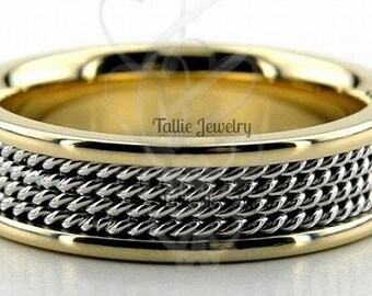 5mm 10K 14K 18K Solid White and Yellow Gold Men Wedding Band, Handmade Braided Mens Wedding Ring, Two Tone Gold Wedding Bands