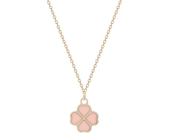14K Solid Yellow Gold Pink Four Leaf Clover Necklace, Minimalist Pink Clover Necklace, Small Irish Clover Necklace, Good Luck Necklace