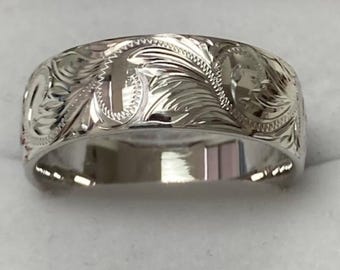 Hand Engraved Wedding Bands, Hand Engraved Wedding Rings , 8mm 10K 14K 18K Solid White Gold Wedding Bands, White Gold Mens Wedding Ring