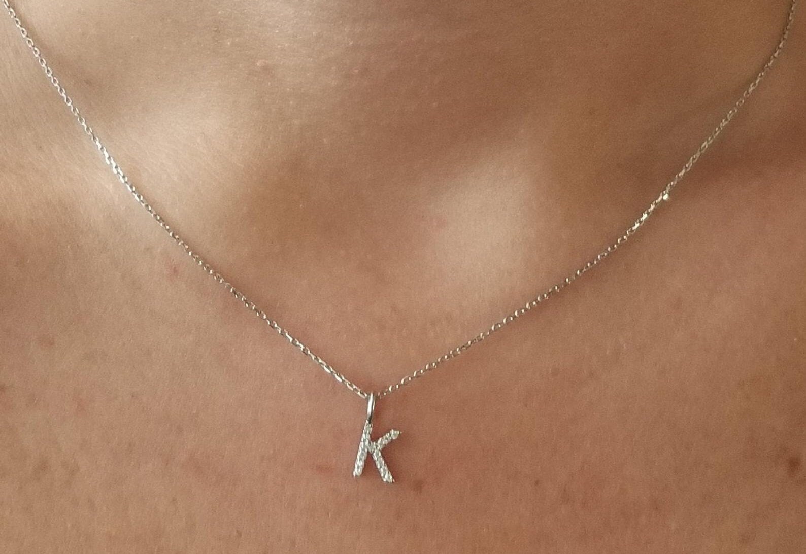 Diamond Initial Necklace / Diamond Letter Necklace / 14K Gold White