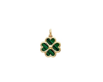 Malachite Clover Necklace, 14K Yellow Gold Malachite Four Leaf Clover Necklace, Green Malachite Clover Charm, Irish Clover Necklace