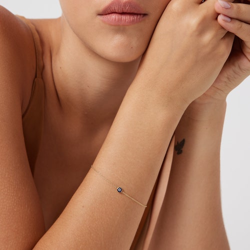 Evil Eye Bracelet, 14K Solid Yellow Gold Evil Eye Bracelet, Dainty shops Evil Eye Bracelet, Minimalist Gold Evil Eye ,Gifts for Her, Gold Bracelet