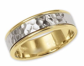 Two Tone Gold Wedding Bands, Hammered Finish Mens Wedding Rings , 6mm 10K 14K 18K White and Yellow Gold Wedding Bands, His and Hers Rings