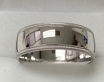 Platinum Mens Wedding Bands, Platinum Mens Wedding Rings ,8mm Milgrain Shiny Finish Mens Platinum Wedding Band,