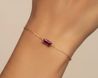 Baguette Ruby Bracelet, 14K Solid Yellow Gold Ruby Bracelet, July Birthstone
