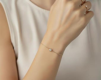 14K Solid Yellow Gold Solitaire Diamond Bracelet, 0.25 Carat Round Lab Grown Diamond Solitaire Bracelet, Diamond Bracelet