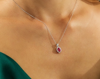 14K Solid White Gold Ruby and Natural Diamond Solitaire Necklace, Ruby Solitaire Necklace, Ruby Necklace, Diamond Necklace, July