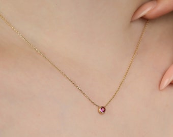 Ruby Solitaire Necklace, 14K Yellow Gold Ruby Necklace, Bezel Set Round Ruby Necklace in 14K Gold ,Minimalist Ruby Necklace, July Birthstone