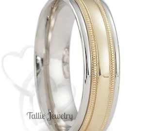 Two Tone Gold Wedding Bands, Shiny Finish Milgrain Mens and Womens Wedding Rings, 6mm 10K 14K 18K Solid White and Yellow Gold Wedding Bands