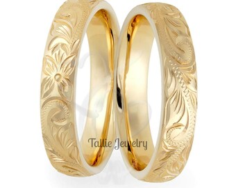 14K Yellow Gold His and Hers Hand Engraved Wedding Bands, Matching Wedding Bands Set, 10K 14K 18K Yellow Gold Hand Engraved Wedding Rings