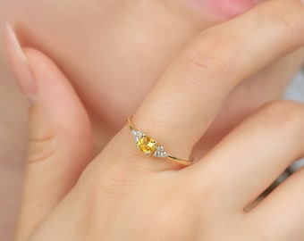 14K Yellow Gold Citrine and Diamond Ring ,Engagement Rings, Cushion Cut Citrine Ring, Diamond Wedding Band, Rings for Women