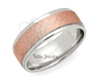 Two Tone Gold Wedding Bands, 7mm 14K Solid White and Rose Gold Mens Wedding Rings, Hammered Finish Mens Wedding Bands