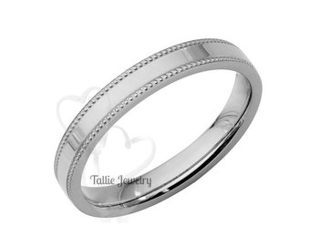 14K Solid White Gold Wedding Band ,Polished Flat Milgrain Mens and Womens Wedding Bands , 3mm Plain Wedding Bands, Rings, Comfort Fit