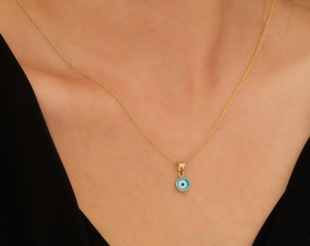Evil Eye Necklace, 14K Solid Yellow Gold Evil Eye Necklace, Round Evil Eye Necklace, Evil Eye Pendant, Kabbalah, Good Luck Charm
