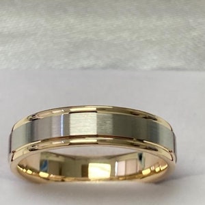 14K White and Yellow Gold Wedding Bands, Satin Finish Mens & Womens Wedding Rings,5mm 10K 14K 18K Two Tone Gold Wedding Bands, Rings for Men