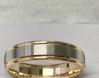 14K White and Yellow Gold Wedding Bands, Satin Finish Mens & Womens Wedding Rings,5mm 10K 14K 18K Two Tone Gold Wedding Bands, Rings for Men