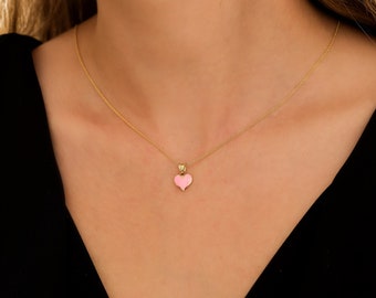Heart Necklace, 14K Solid Yellow Gold Pink Heart Necklace, Minimalist Heart Pendant, Enamel Dainty Heart Necklace, Heart Charm