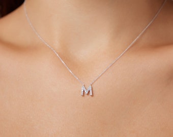 Diamond Initial Necklace, 14K Solid White Gold Diamond Letter Necklace, Minimalist Letter Necklace ,Personalized Necklace, Letter M Necklace