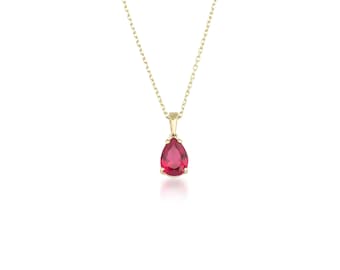 Ruby Solitaire Necklace, 14K Gold Ruby Necklace, 1 Carat Pear Shape Ruby Necklace, Layering Necklace, July Birthstone, Gemstone