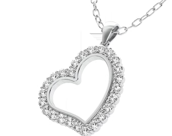 14K Solid White Gold Diamond Heart Necklace, 0.60 Carat Natural Diamond Heart Necklace, Diamond Heart Pendant, Open Heart Necklace