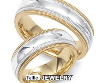 Two Tone Gold His and  Hers Wedding Rings , Matching Wedding Bands Set, 10K 14K 18K White and Yellow Gold Mens and Womens Wedding Rings