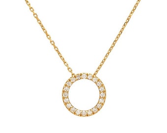 14K Solid Yellow Gold Diamond Circle Necklace,0.35 Carat Natural Diamond Circle Necklace, Diamond Necklace