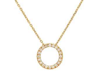 14K Solid Yellow Gold Diamond Circle Necklace,0.35 Carat Natural Diamond Circle Necklace, Diamond Necklace