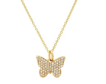 14K Solid Yellow Gold Diamond Butterfly Necklace, 0.35 Carat Natural Diamond Butterfly Necklace, Butterfly Necklace, Diamond Necklace