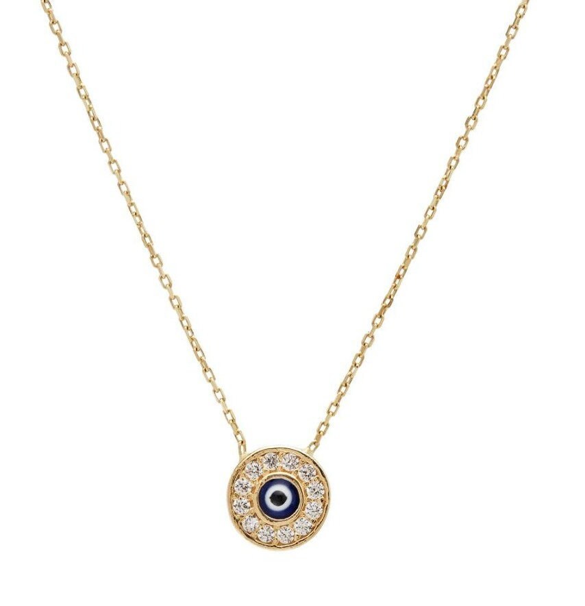 Evil Eye Necklace, 14K Solid Yellow Gold Round Evil Eye Necklace ...